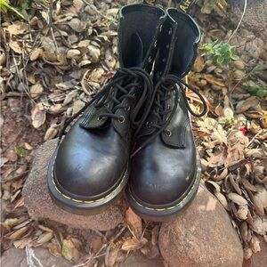 Dr. Martens Black Leather Boots with Yellow Stitching